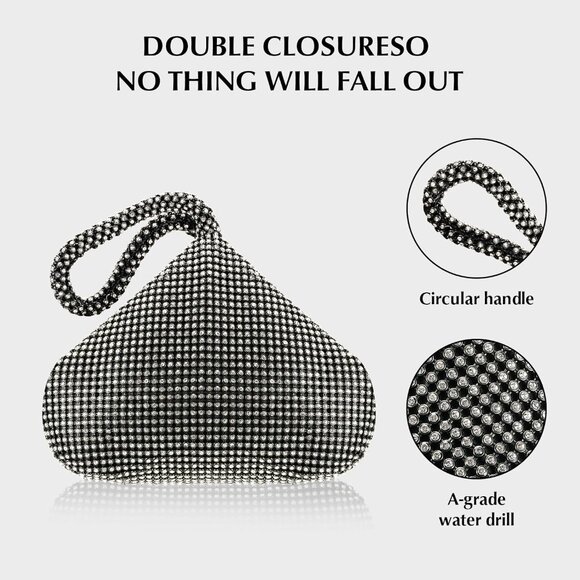 Women Large Black Imported Rhinestone Vintage Elegant Wedding Triangle Purse - Picture 5 of 7